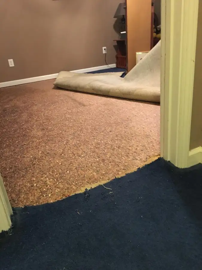 Carpet pad removal revealing water damage during Drying & Dehumidification in South Valley